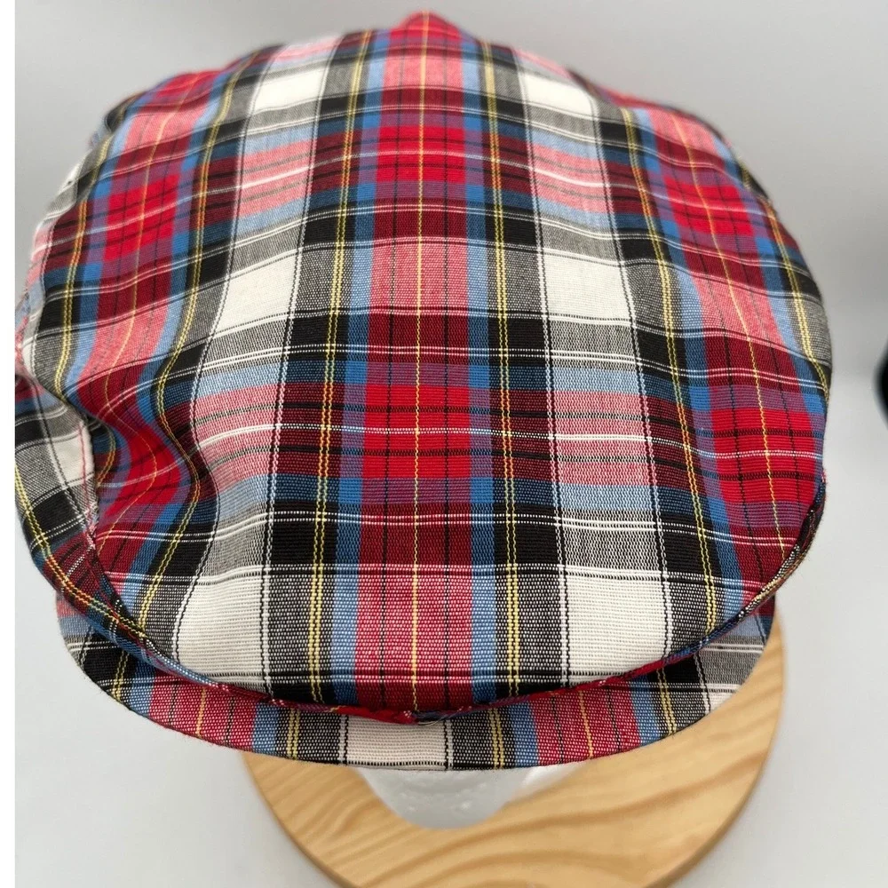 Vintage Plaid Flat Cap Red Blue White Tartan Driver Hat USA XL 7 1/2-7 5/8